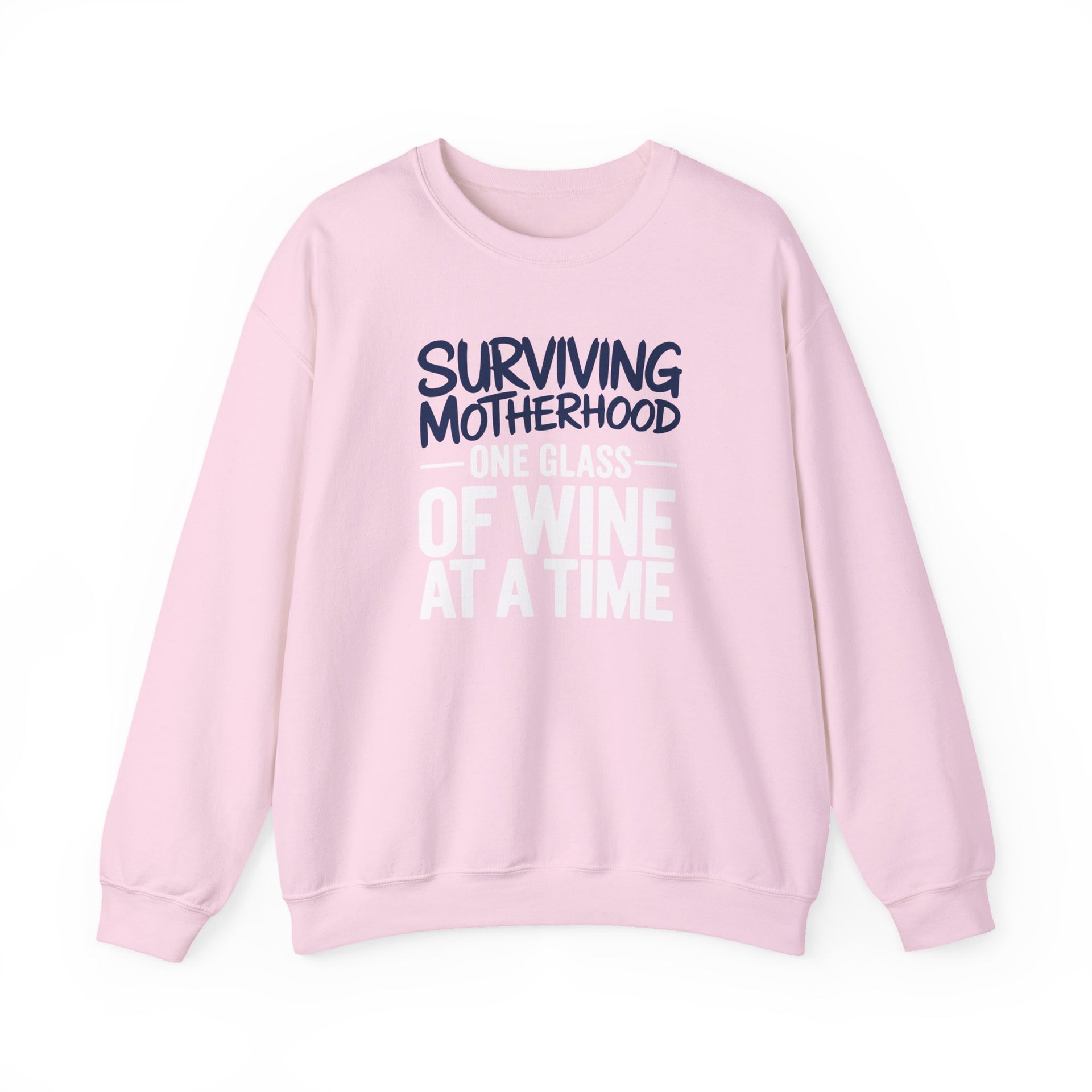 a pink sweatshirt with the phrase 'Surviving Motherhood One Glass of Wine at a Time' funny mother's day, mom life, girls trip design