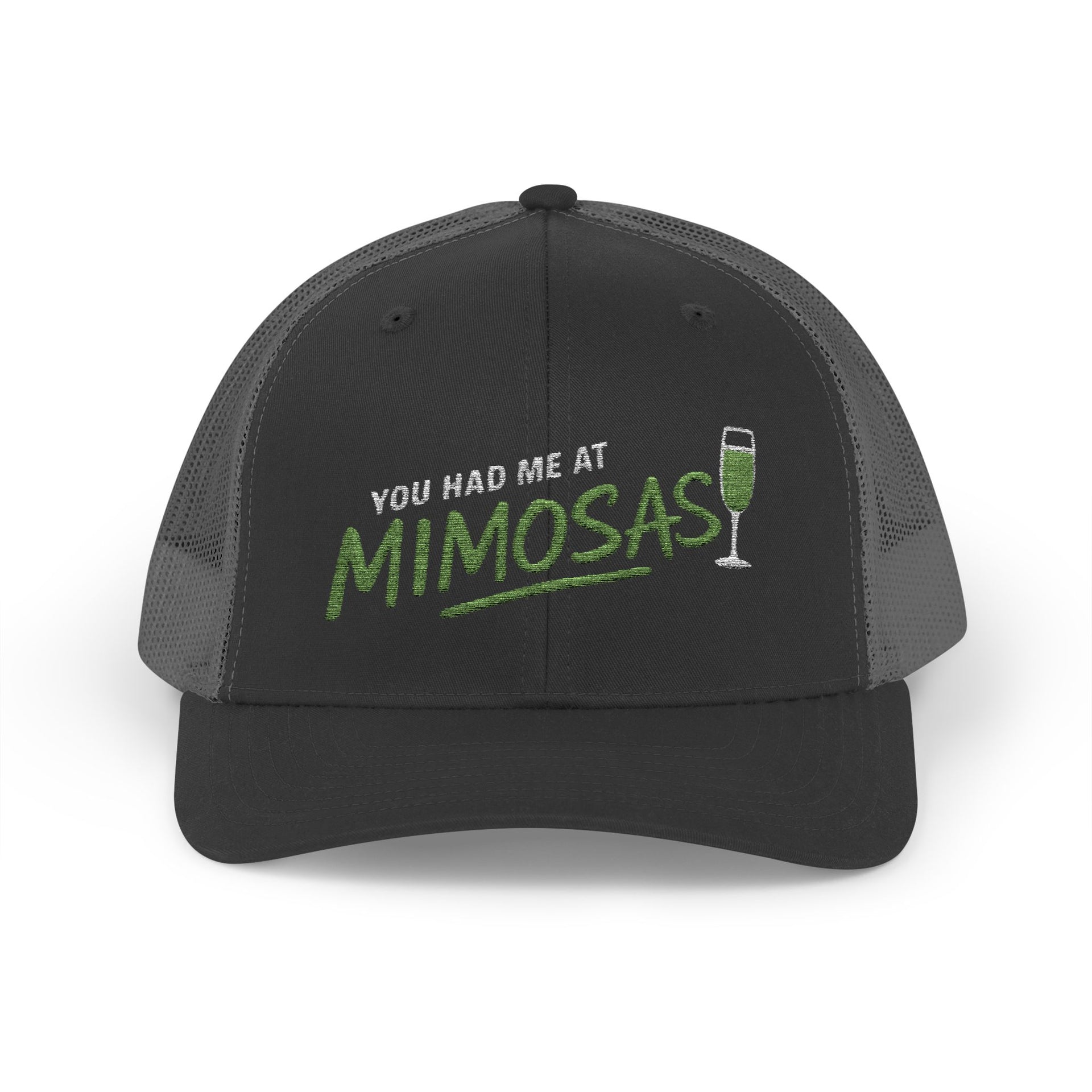 a black and charcoal curved bill trucker hat with the phrase'You Had Me at Mimosas' text funny Spring break, girls trip, guys trip, beach trip, summer vacation, lake season design