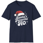Navy blue graphic t-shirt with the phrase Santa's Favorite HO funny christmas sweater
