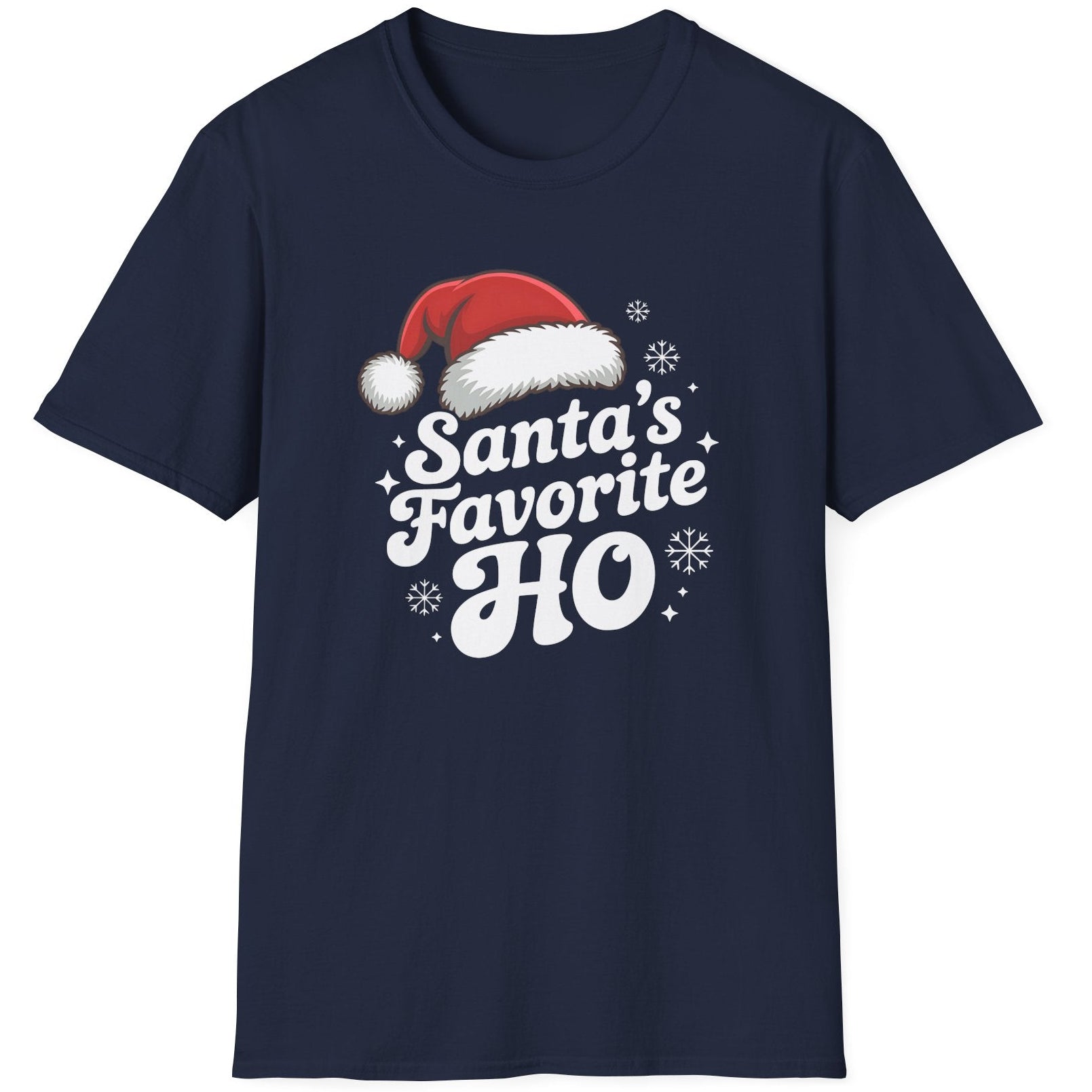 Navy blue graphic t-shirt with the phrase Santa's Favorite HO funny christmas sweater