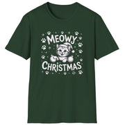 Cute Christmas Cat Short Sleeve Shirt with a kitten playing with ornaments and the text "Meowy Christmas" - Forest green