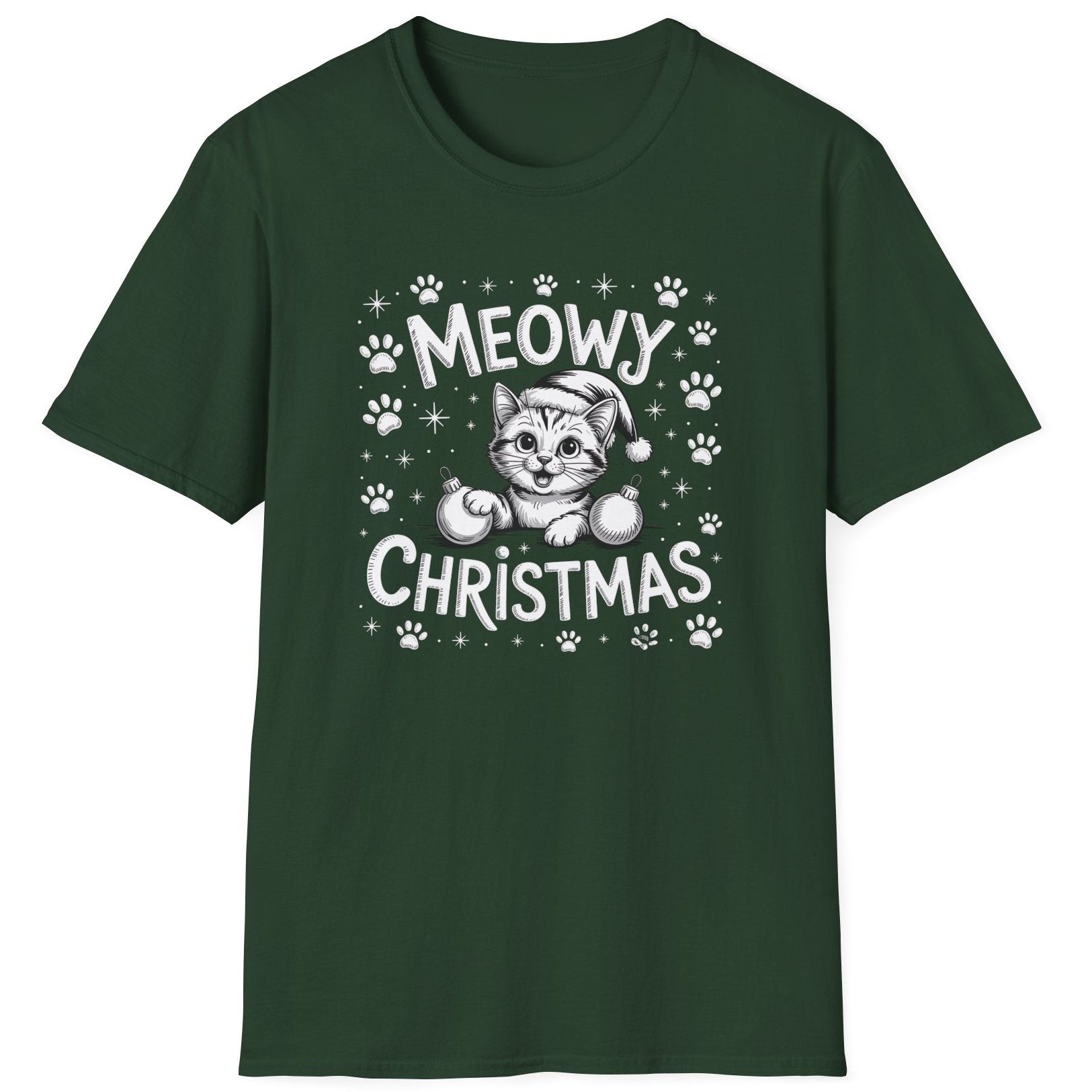 Cute Christmas Cat Short Sleeve Shirt with a kitten playing with ornaments and the text "Meowy Christmas" - Forest green