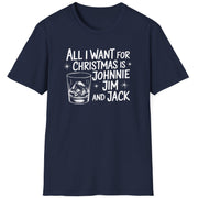 Funny Christmas Drinking Short Sleeve Shirt with a whiskey glass and the text "All I Want for Christmas is Johnnie, Jim, and Jack" - Navy Blue