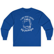 funny christmas royal blue long-sleeve shirt with the phrase i like huge sacks and big packages