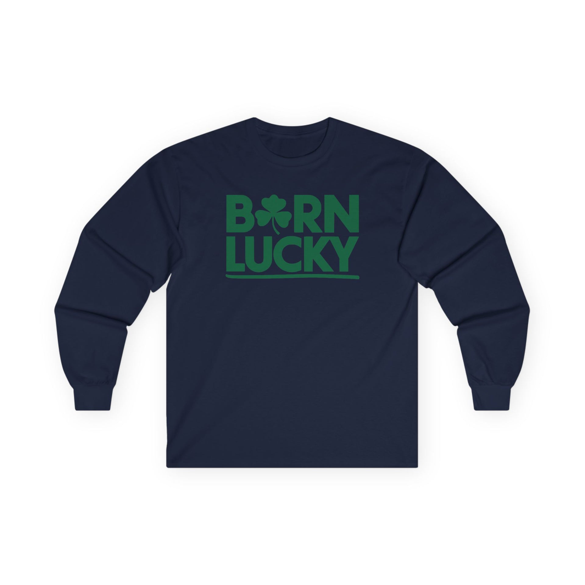 navy long-sleeve shirt with 'Born Lucky' text funny st patricks day design