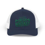 a navy and white curved trucker hat with the phrase 'Fueled by Irish Whiskey' funny St Patricks Day Pub crawl and parade design