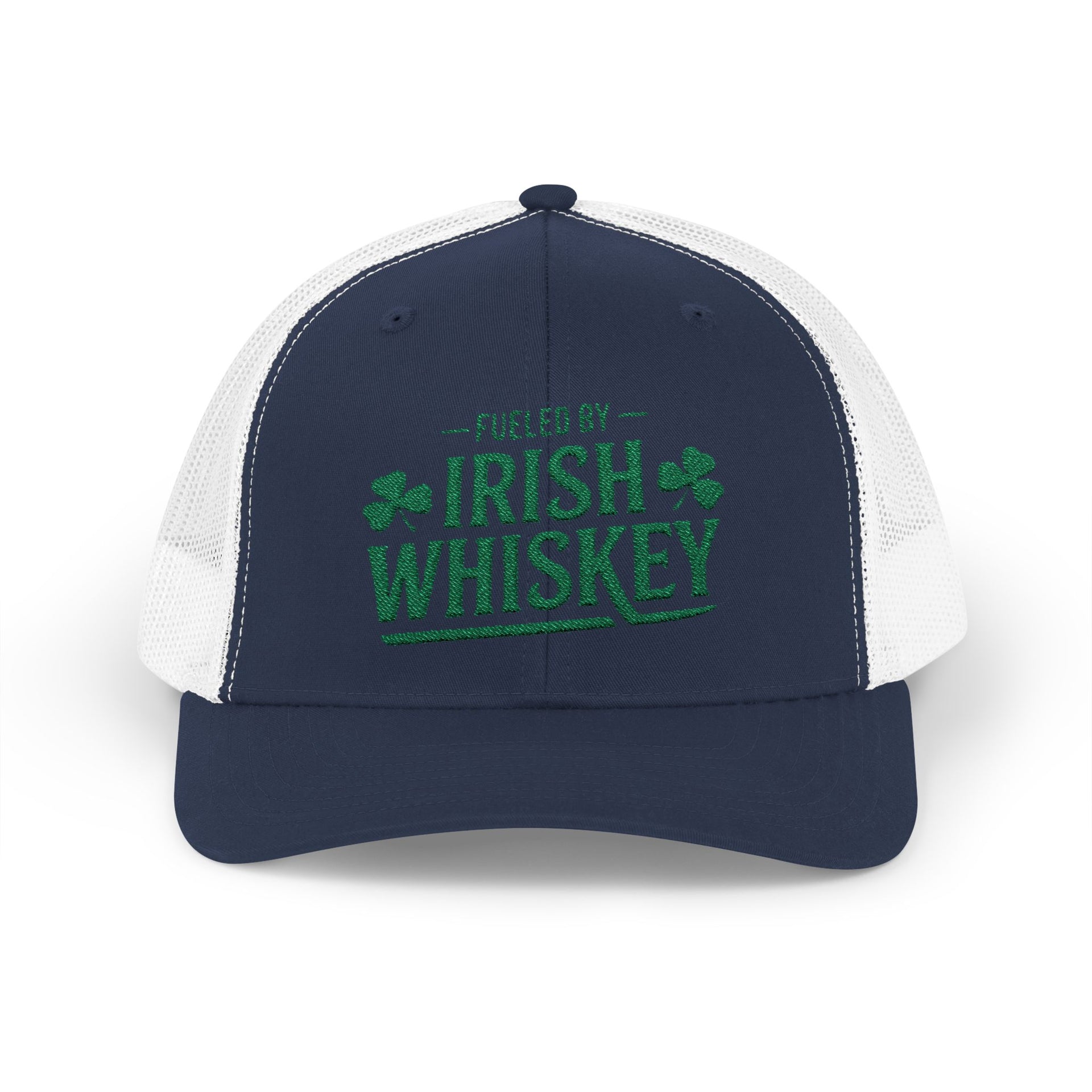 a navy and white curved trucker hat with the phrase 'Fueled by Irish Whiskey' funny St Patricks Day Pub crawl and parade design