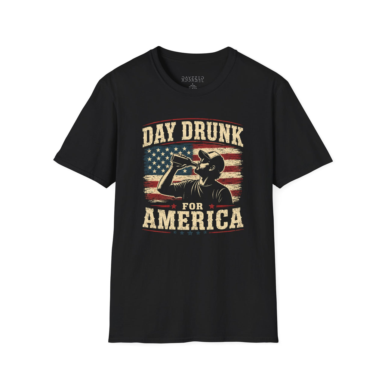 a black t-shirt with 'Day Drunk for America' 4th of July graphic design 