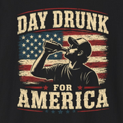 a black t-shirt with 'Day Drunk for America' 4th of July graphic design 