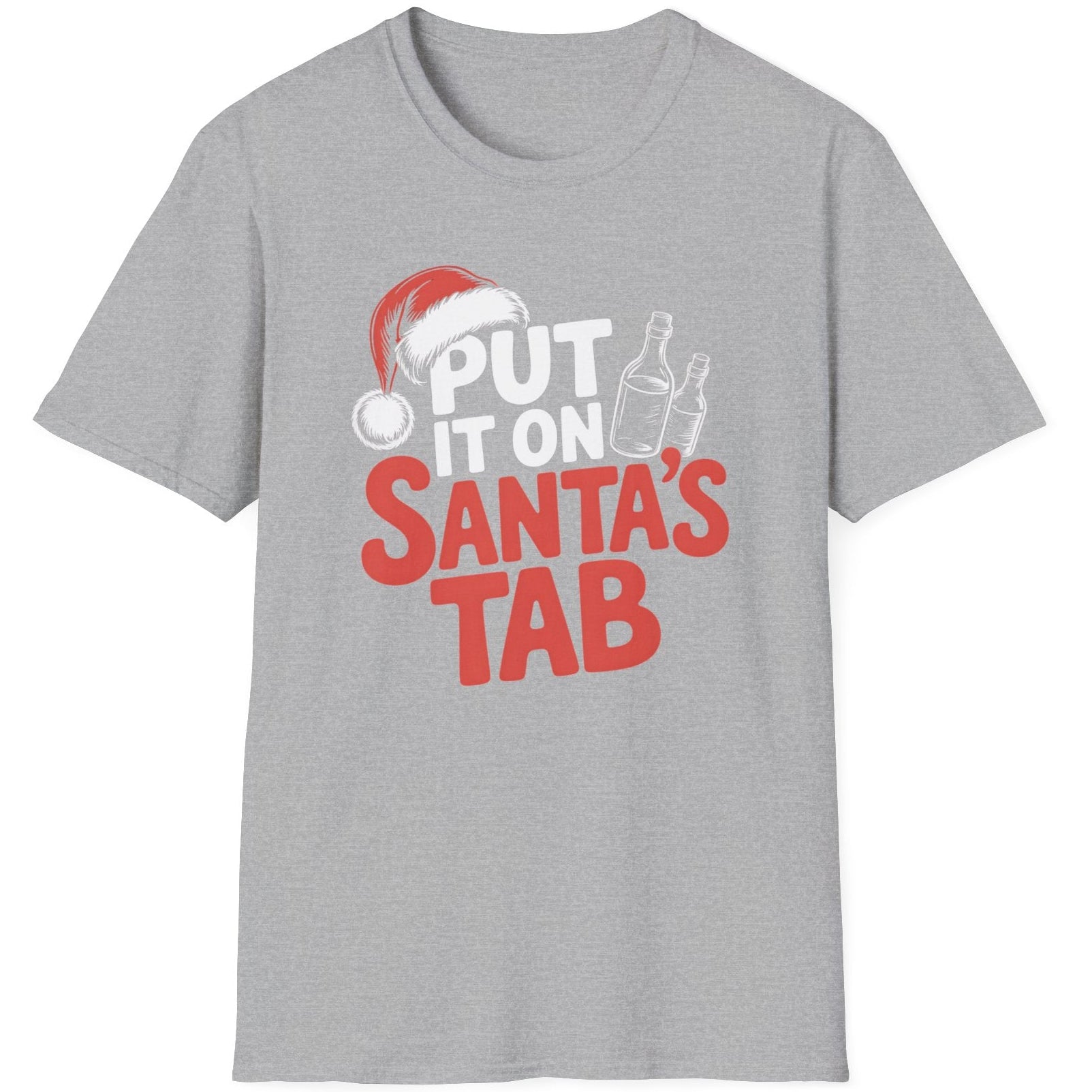 Gray t-shirt with the phrase put it on santa's tab funny christmas sweater