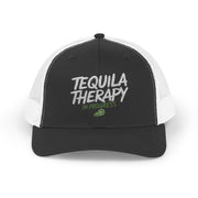 a black and white curved bill trucker hat with the phrase 'Tequila Therapy in Progress'  funny Spring Break, Girls Trip, Guys Trip, Beach Trip, SummerVacation bachelor or Bachelorette hat
