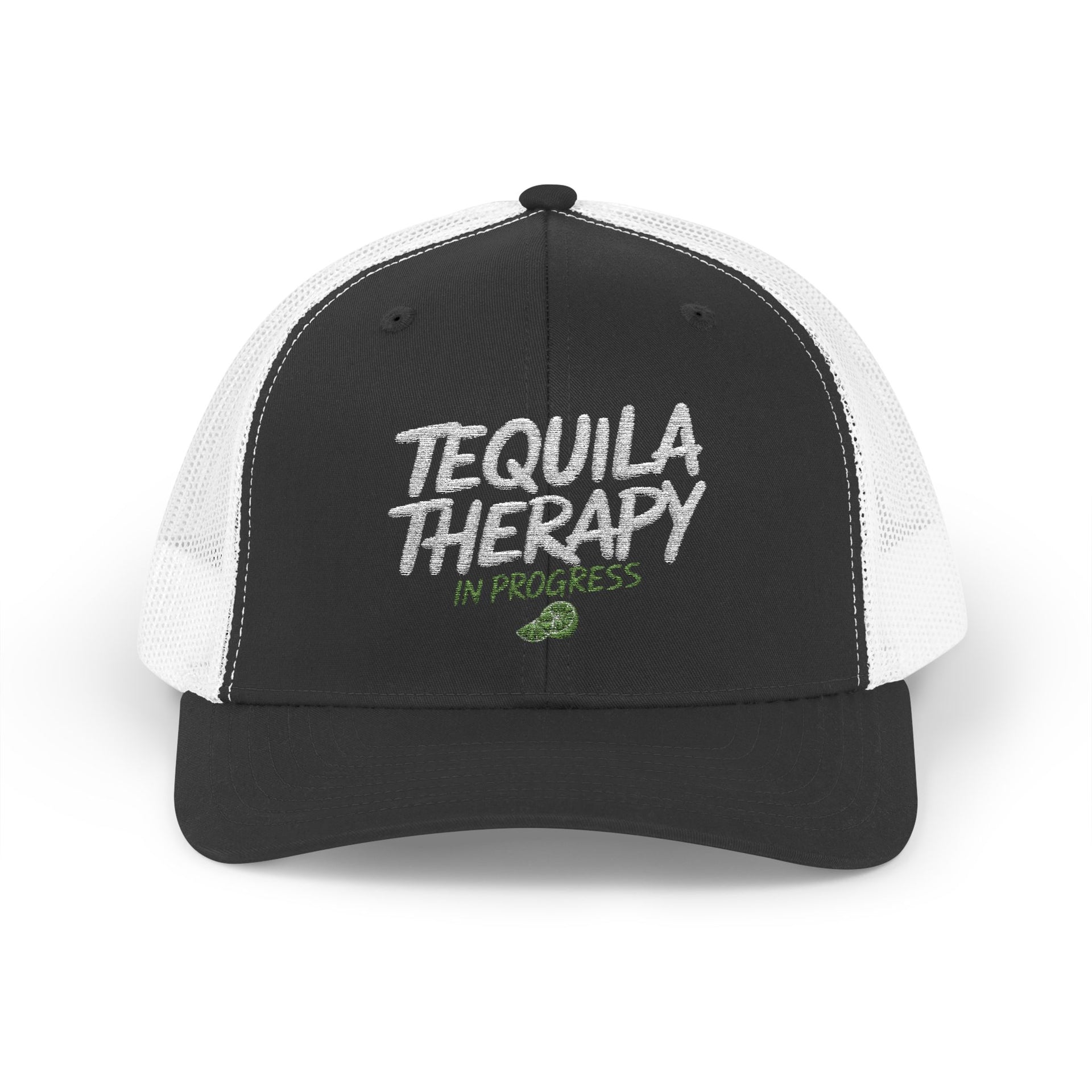 a black and white curved bill trucker hat with the phrase 'Tequila Therapy in Progress'  funny Spring Break, Girls Trip, Guys Trip, Beach Trip, SummerVacation bachelor or Bachelorette hat