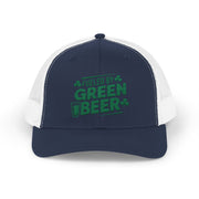 navy and white curved trucker hat with the phrase 'Fueled by Green Beer' funny St Patricks Day pub crawl design