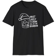 Funny Christmas Drinking Humor Short Sleeve Shirt with a bourbon glass with a santa hat and the text "Most Likely to Drink All of the Bourbon" - Black