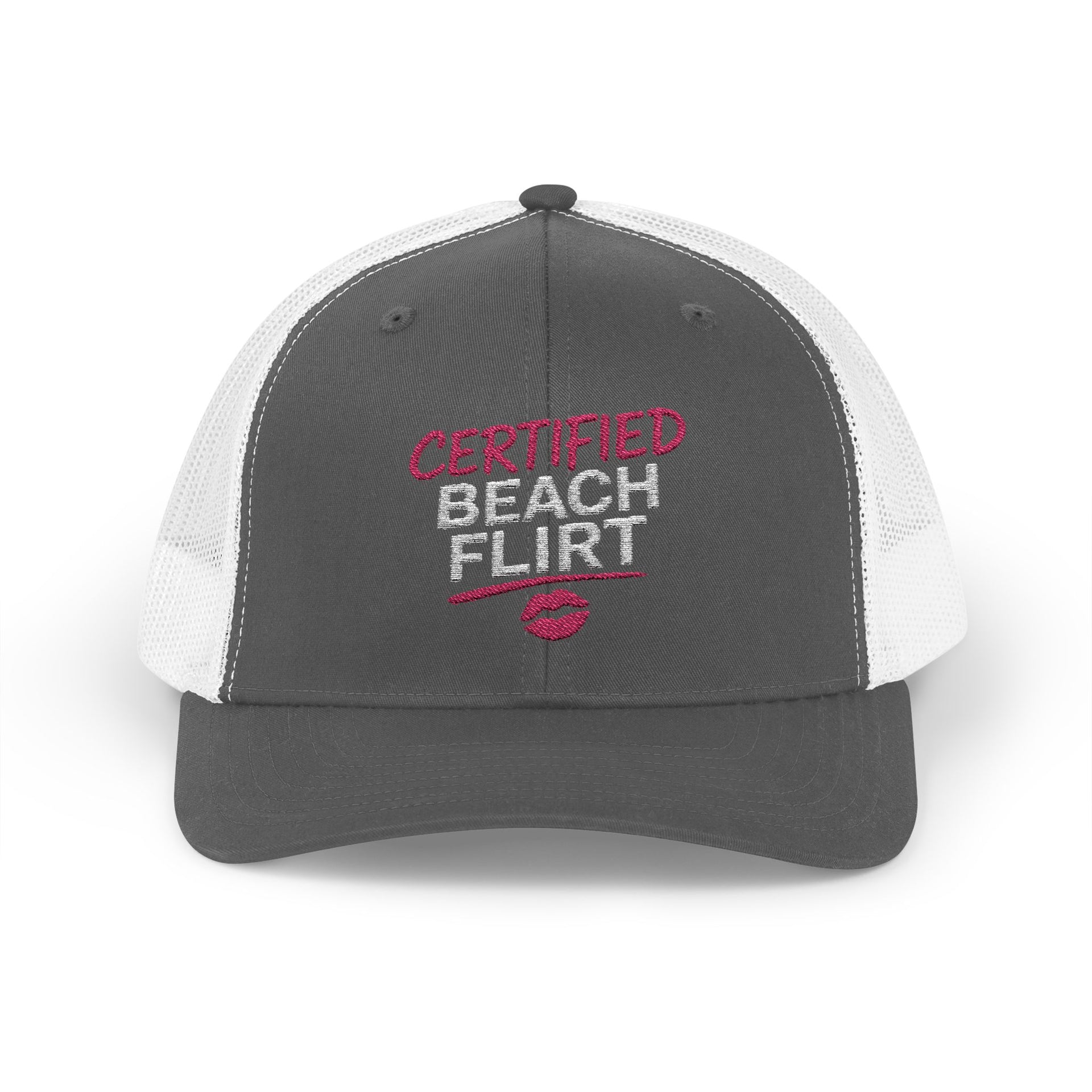a charcoal and white trucker hat with 'Certified Beach Flirt' text funny spring break, girls trip beach trip, bachelorette party design