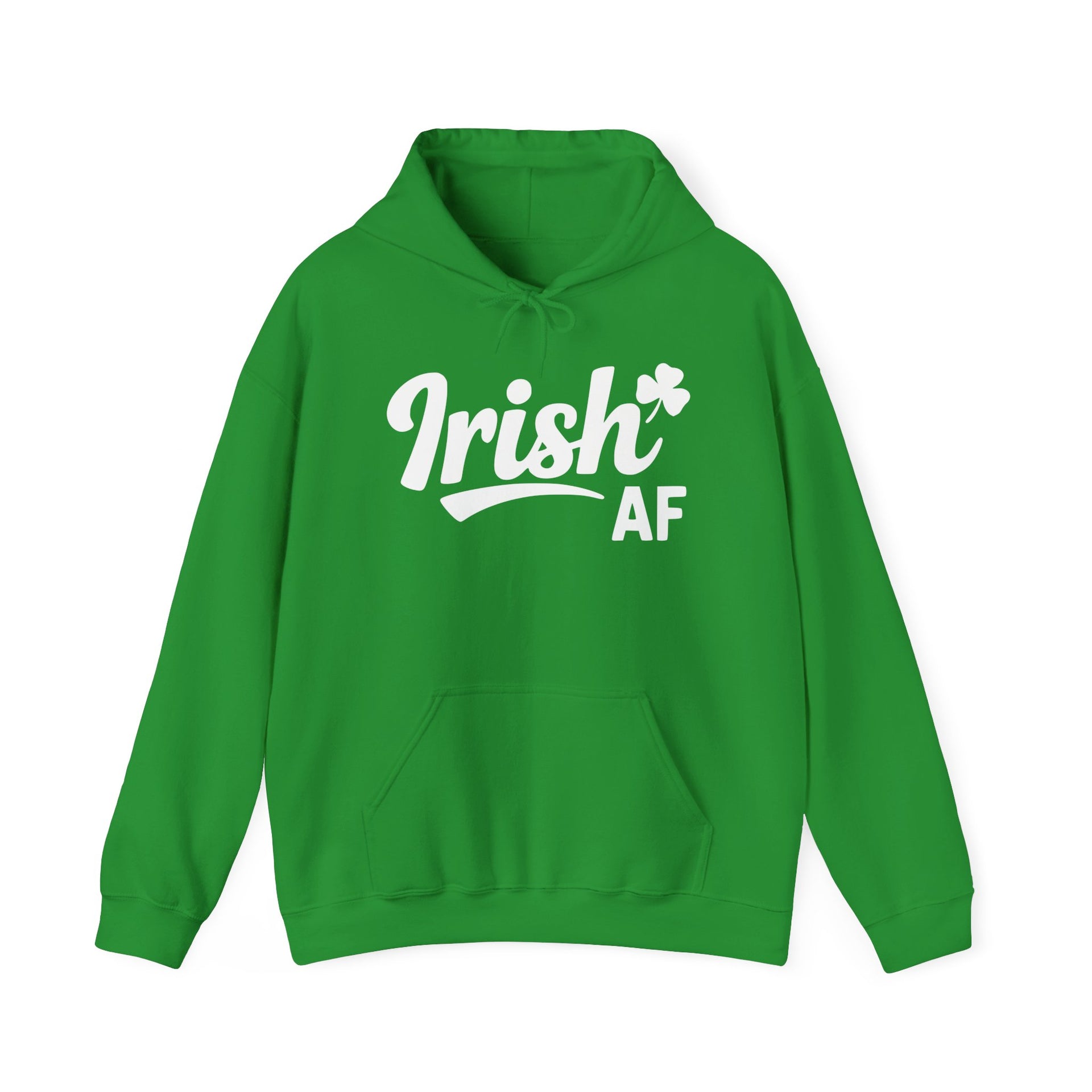 Green hoodie with the phrase Irish AF funny St Patricks Day design