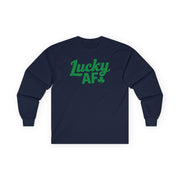 navy long-sleeve shirt with the phrase 'Lucky AF' funny St Patricks Day design.