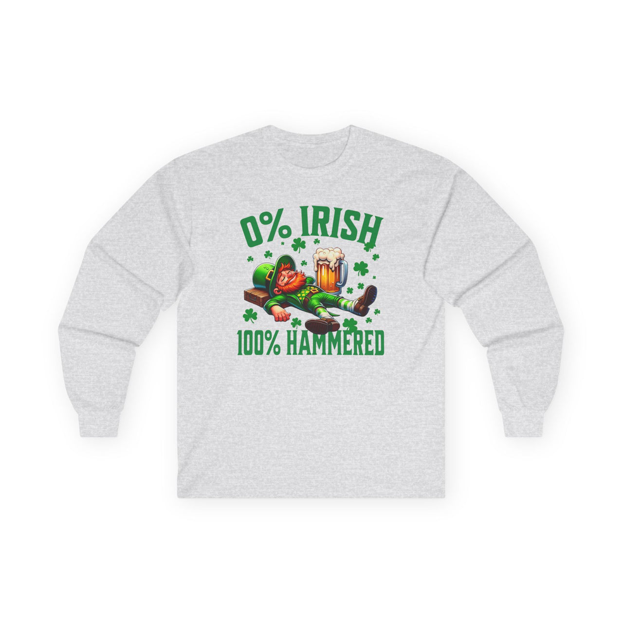 St. Patrick's Day Long Sleeve Tee | 0% Irish 100% Hammered | Unisex Top for Celebrations, Casual Wear, Gift for Beer Lovers,