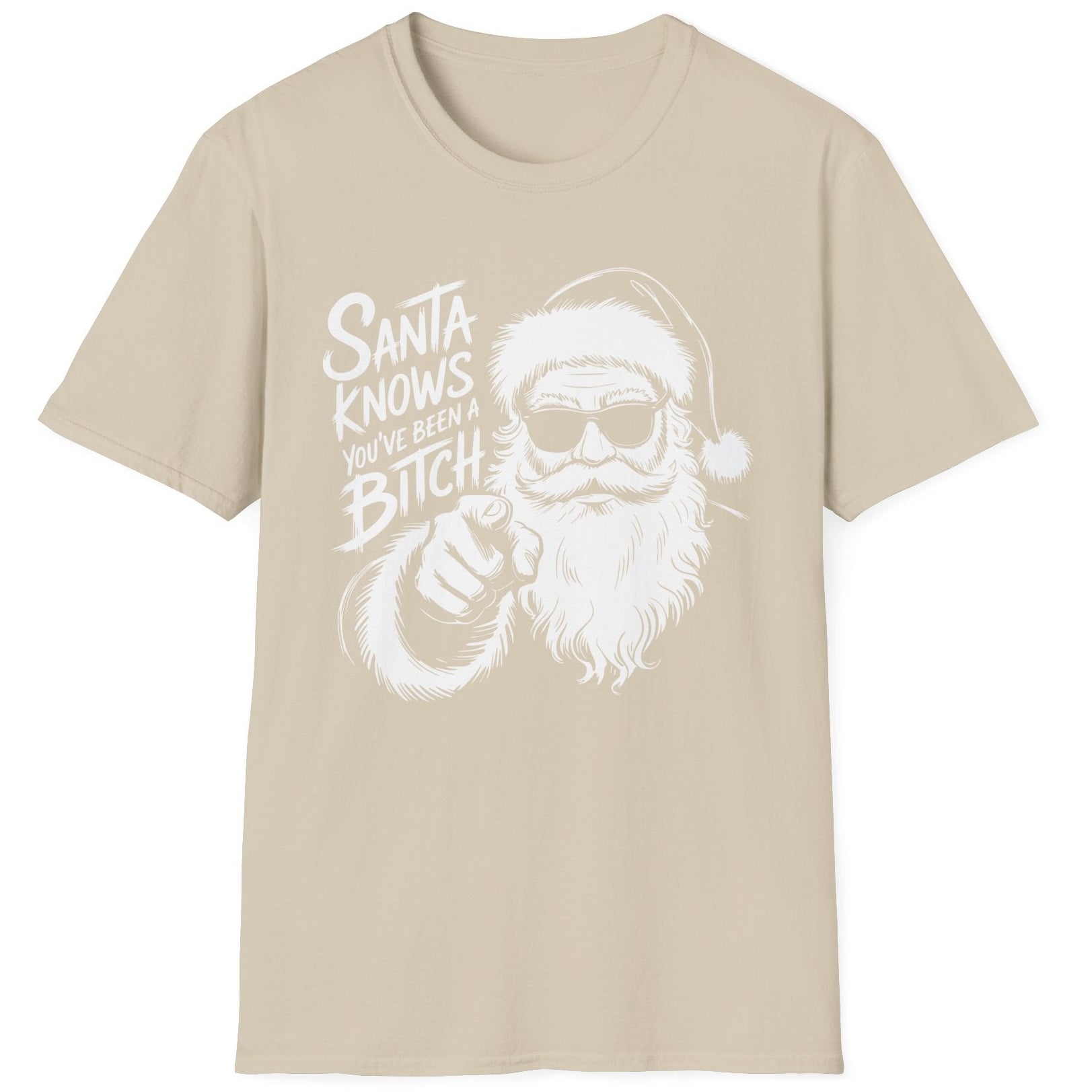 Funny Christmas Humor Short Sleeve Shirt with Santa pointing and the text "Santa Knows You've Been a Bitch" - Sand