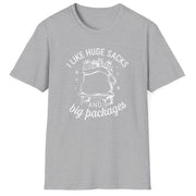 Gray t-shirt with white graphic and text on a white background