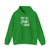 a kelly green hoodie with 'Irish I Had More Beer' text and a leprechaun graphic funny St Patricks Day pub crawl and parade design