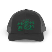 a black and gray curved trucker hat with the phrase 'Fueled by Irish Whiskey' funny St Patricks Day Pub crawl and parade design