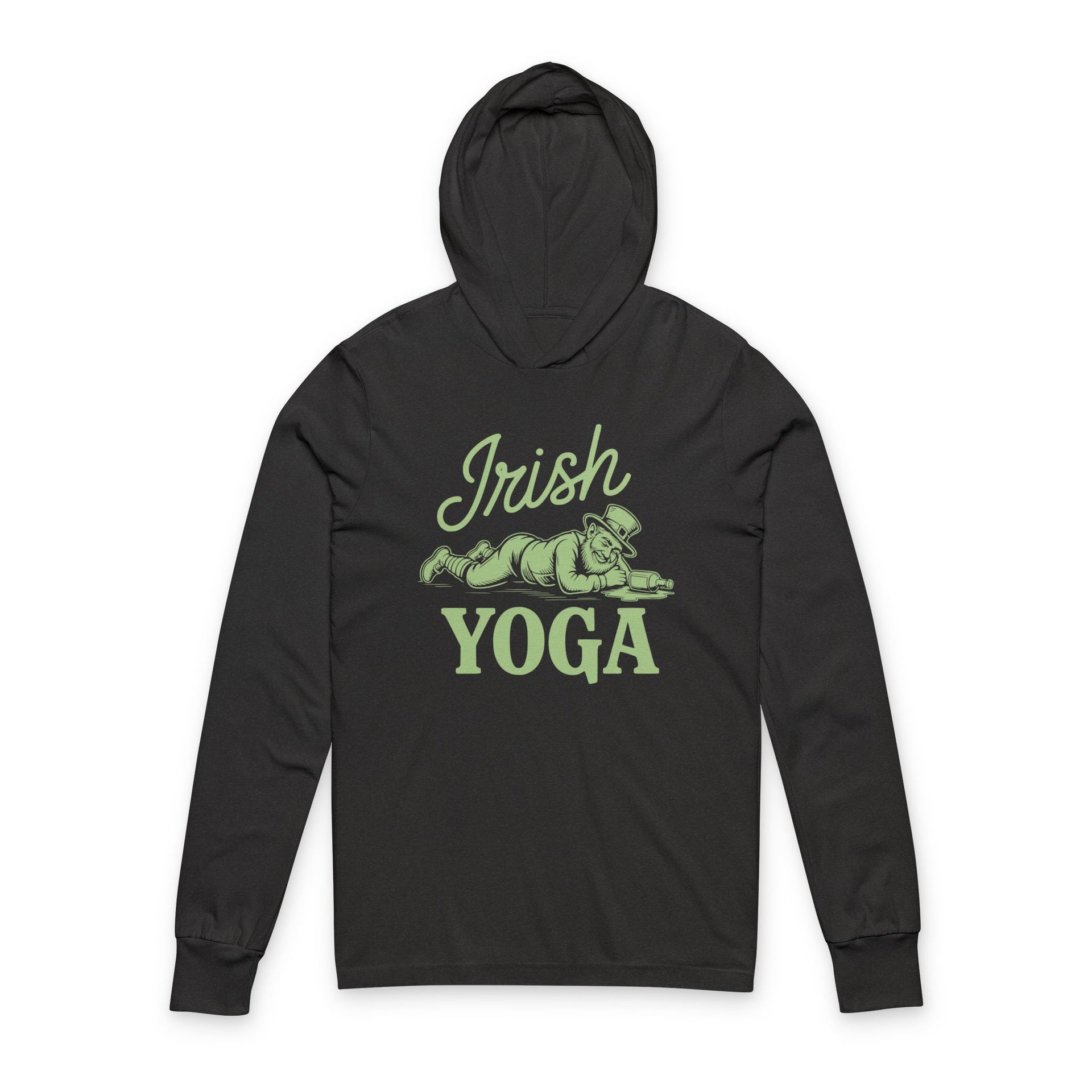 Black hoodie with 'Irish Yoga' text and graphic on a white background