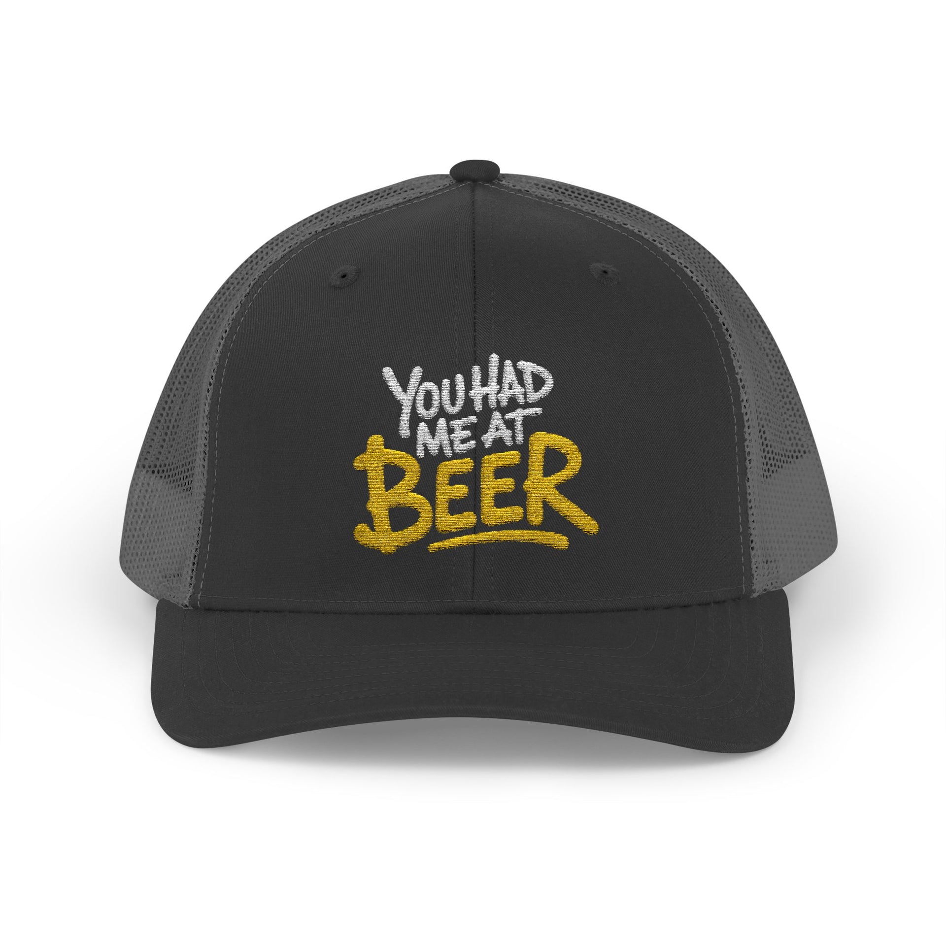 a black and charcoal trucker hat with the phrase  'You Had Me at Beer' text funny spring break, guys trip, girls trip, bachelor party, bachelorette party, lake season, beach trip, summer vacation design
