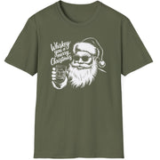 Funny Christmas Short Sleeve Shirt with Santa flipping his middle fingers and the text " Merry Kiss My Ass" - Military Green