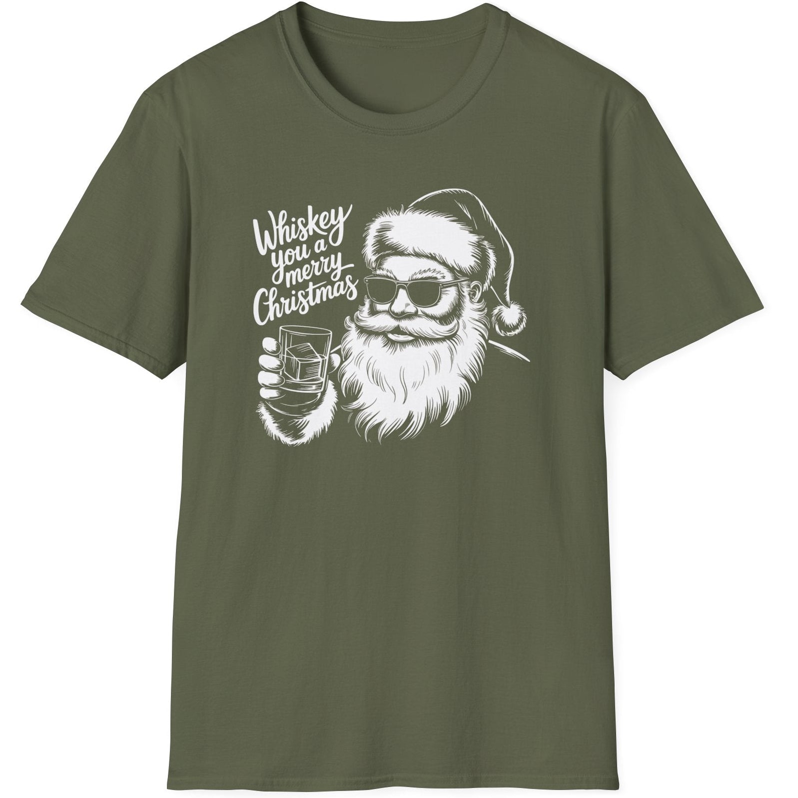 Funny Christmas Short Sleeve Shirt with Santa flipping his middle fingers and the text " Merry Kiss My Ass" - Military Green