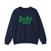 navy sweatshirt with the phrase 'Lucky AF' funny st patricks day design