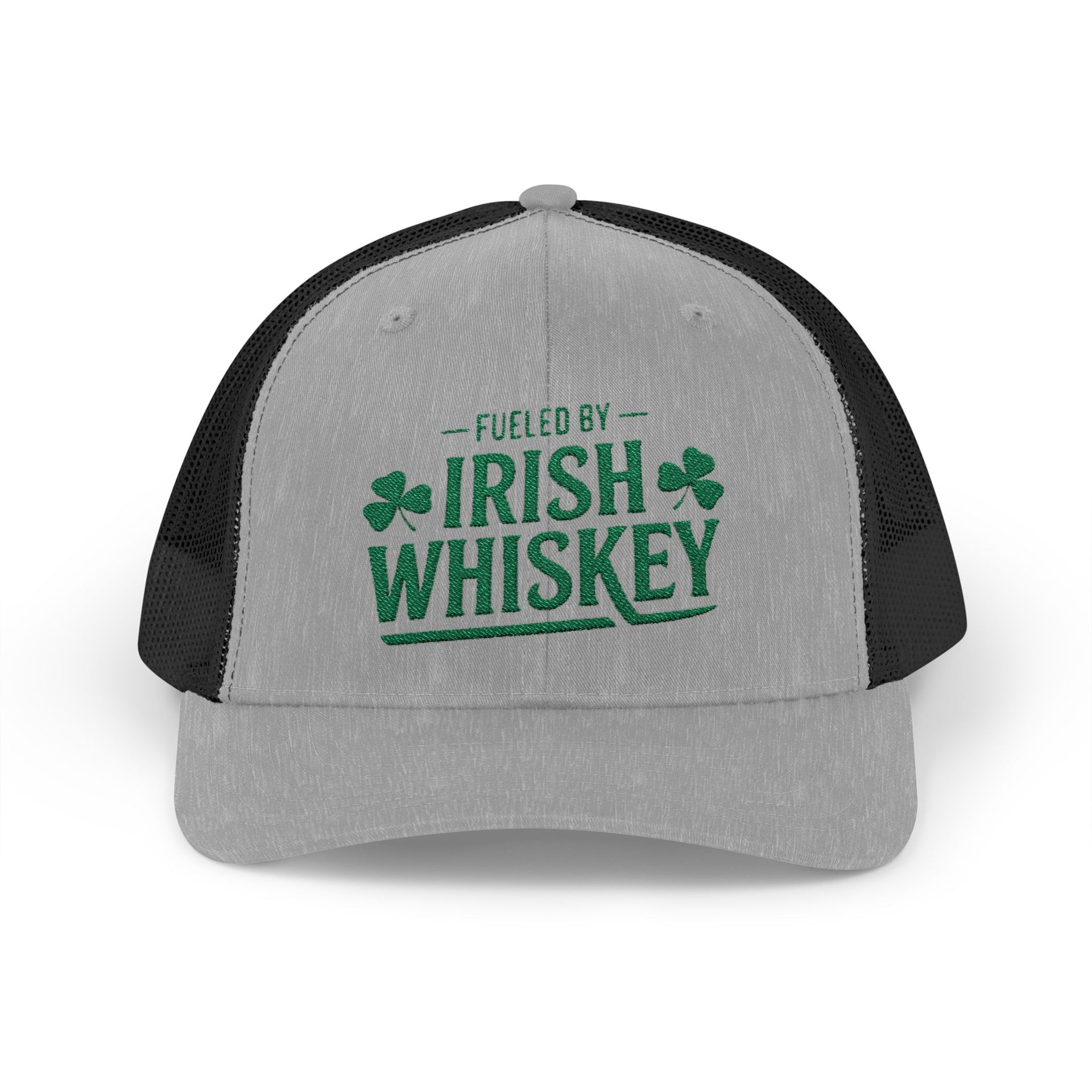 a gray and black curved trucker hat with the phrase 'Fueled by Irish Whiskey' funny St Patricks Day Pub crawl and parade design