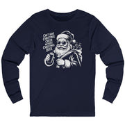 Navy long-sleeve shirt with a graphic of Santa Claus holding a beer and the text cant have christmas cheer without christmas beer