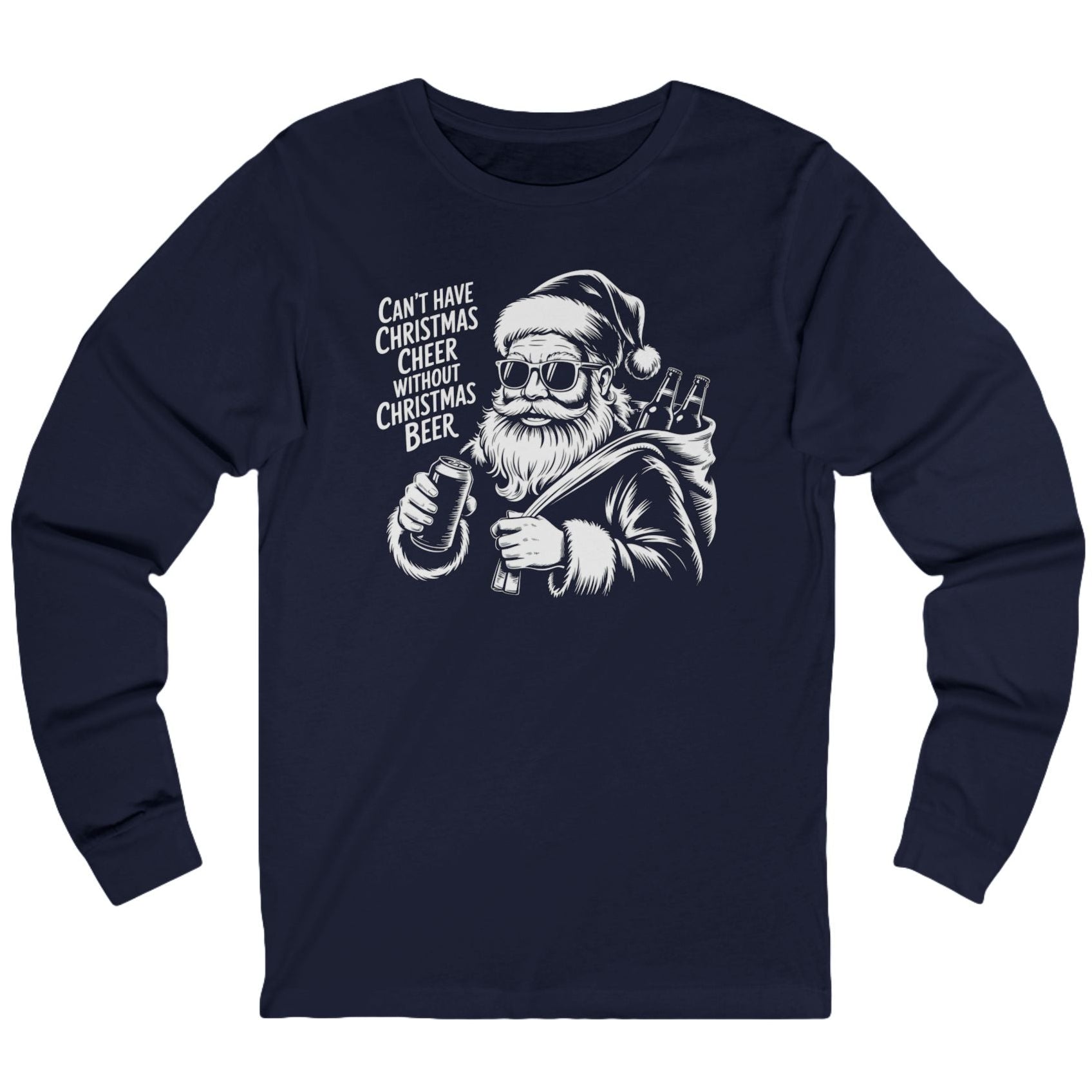 Navy long-sleeve shirt with a graphic of Santa Claus holding a beer and the text cant have christmas cheer without christmas beer