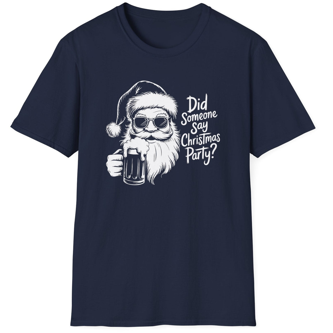 Funny Christmas Drinking Humor Short Sleeve Shirt with a Santa drinking a mug of Beer and the text "Did Someone Say Christmas Party" -  Navy Blue