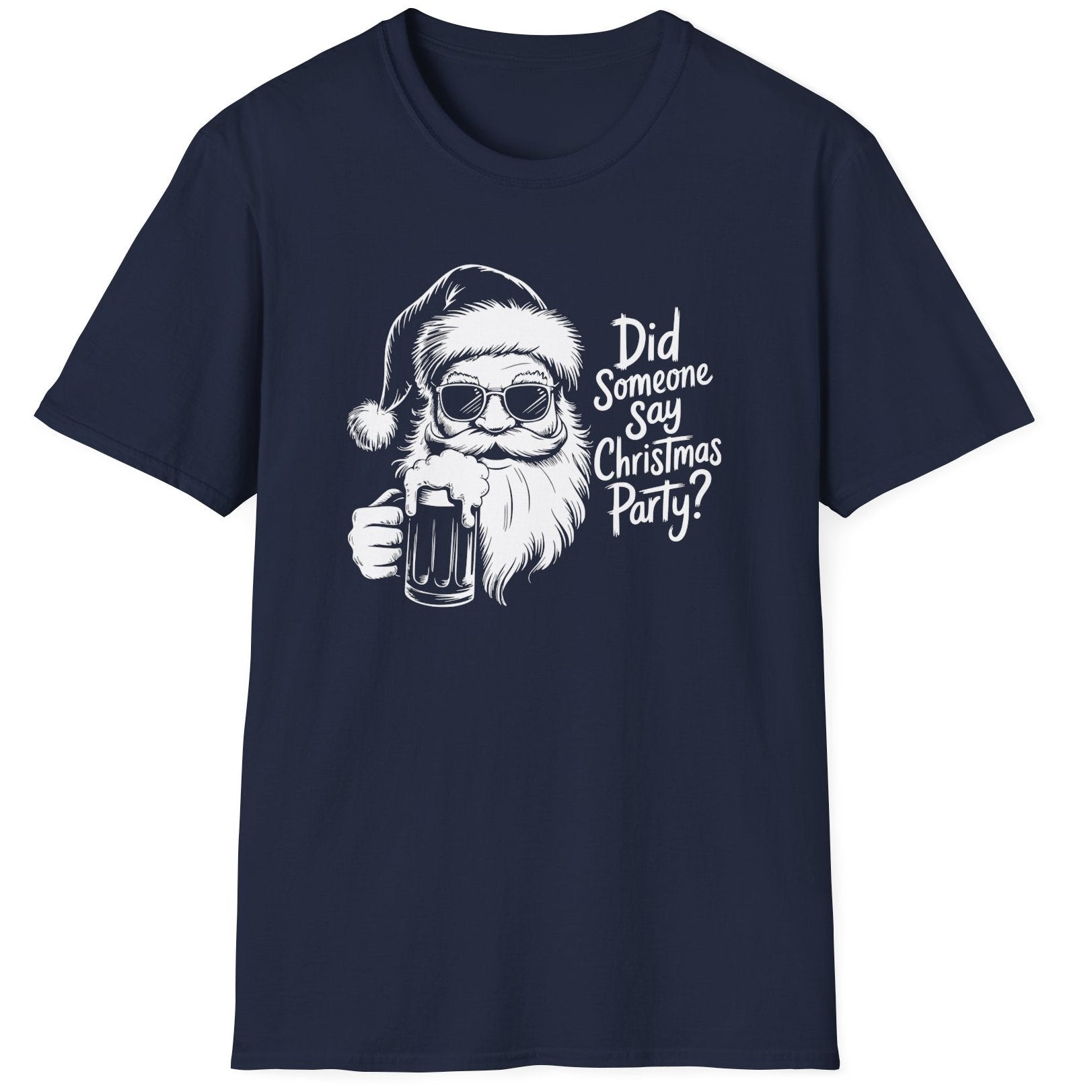 Funny Christmas Drinking Humor Short Sleeve Shirt with a Santa drinking a mug of Beer and the text "Did Someone Say Christmas Party" -  Navy Blue