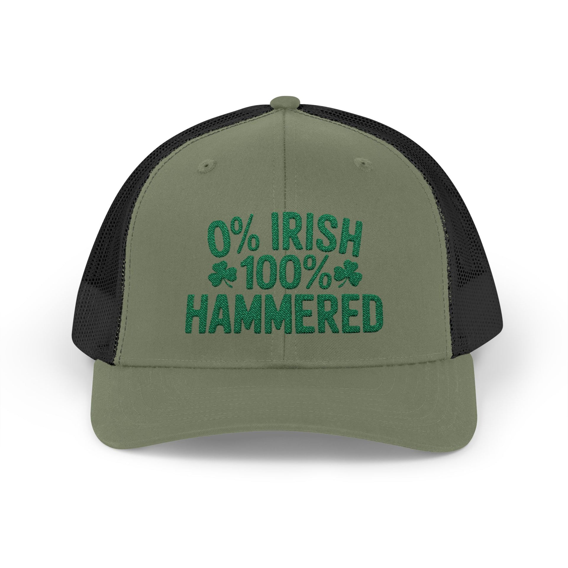 A green and black curved trucker hat with the phrase '0% Irish 100% HAMMERED' funny St Patricks Day Pub crawl and Parade design