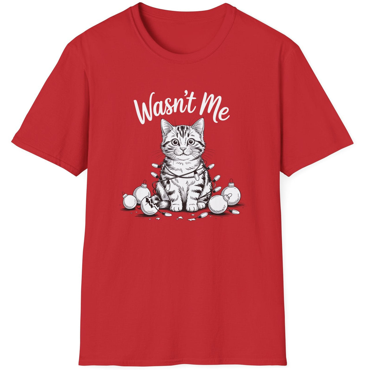 Funny Christmas Cat Humor Short Sleeve Shirt with a cute cat wrapped in christmas lights and surrounded by broken ornaments and the text "Wasn't Me" - Red