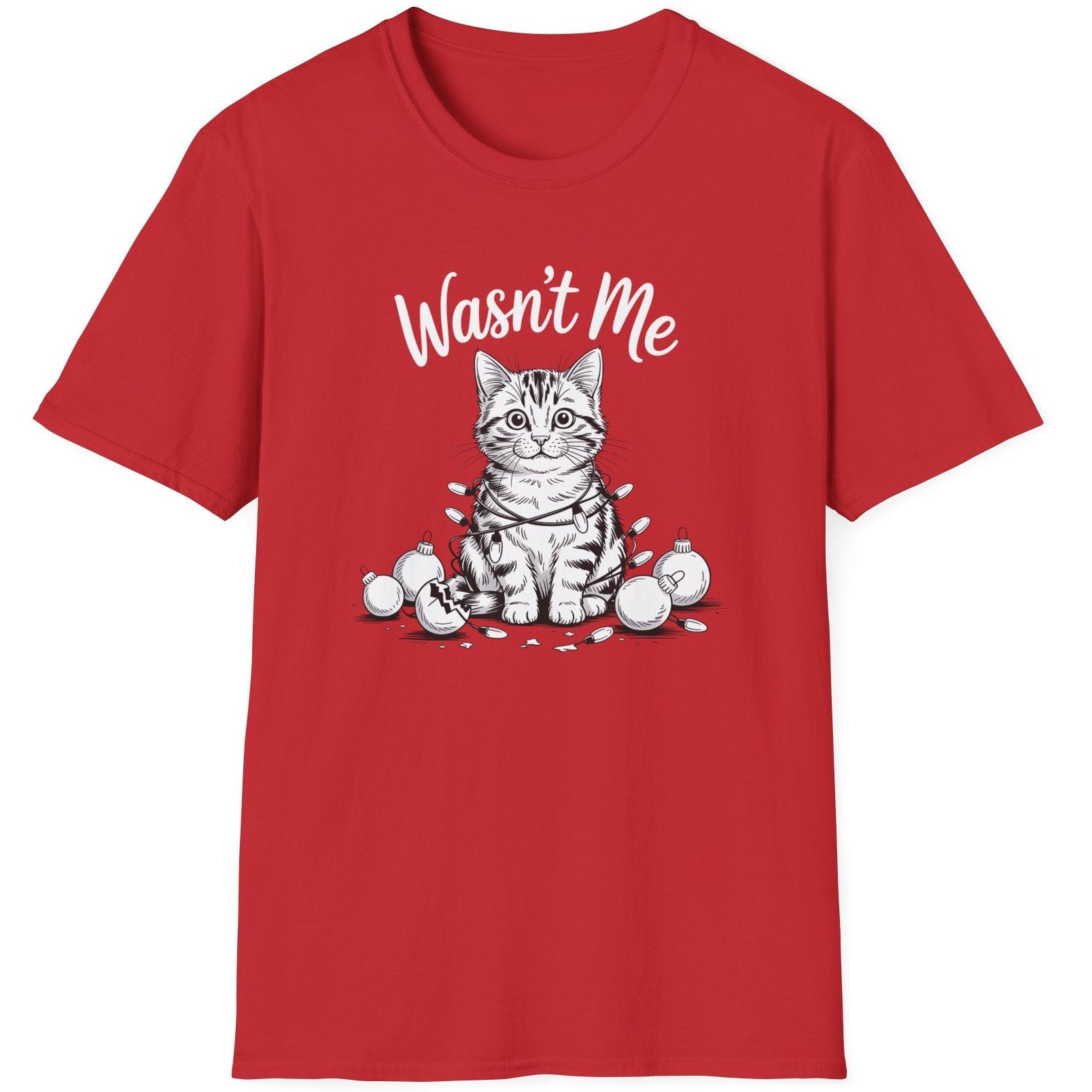Funny Christmas Cat Humor Short Sleeve Shirt with a cute cat wrapped in christmas lights and surrounded by broken ornaments and the text "Wasn't Me" - Red