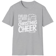 Gray t-shirt with white text 'Fueled by Beer and Christmas Cheer, ' funny christmas sweater