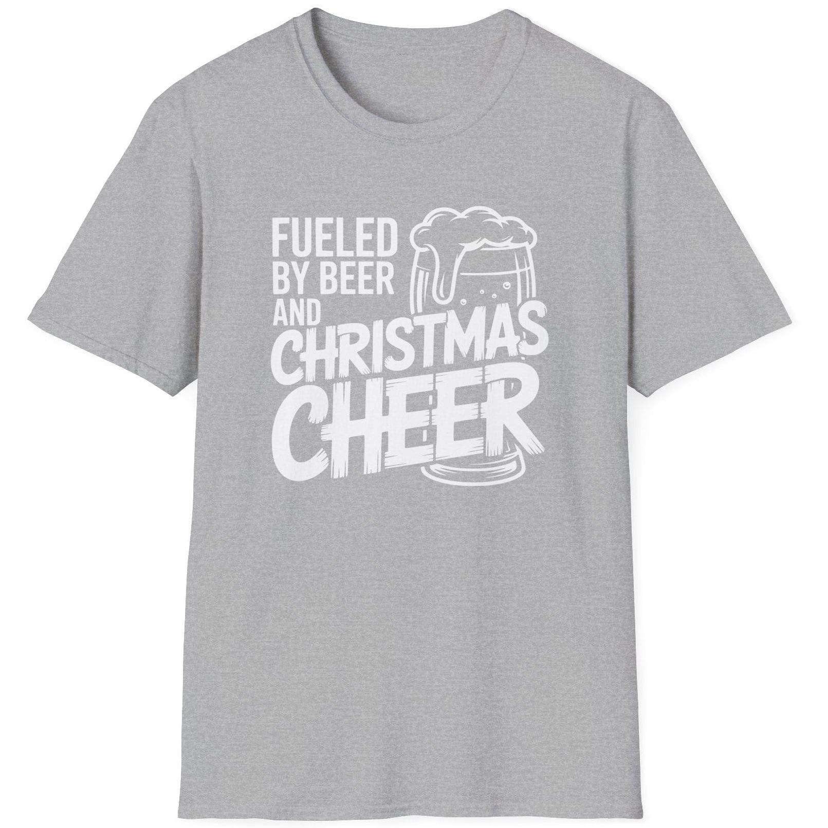 Gray t-shirt with white text 'Fueled by Beer and Christmas Cheer, ' funny christmas sweater