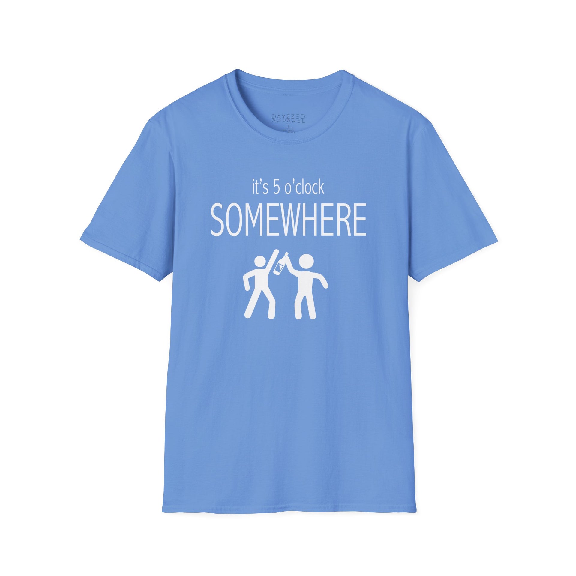 a light blue t-shirt with 'it's 5 o'clock SOMEWHERE' text funny day drinking, spring break, summer acation, guys trip or girls trip design
