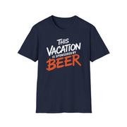 a navy soft-style cotton t-shirt with 'This Vacation is Sponsored by Beer' text funny spring break, beach trip, girls trip, summer vacation design