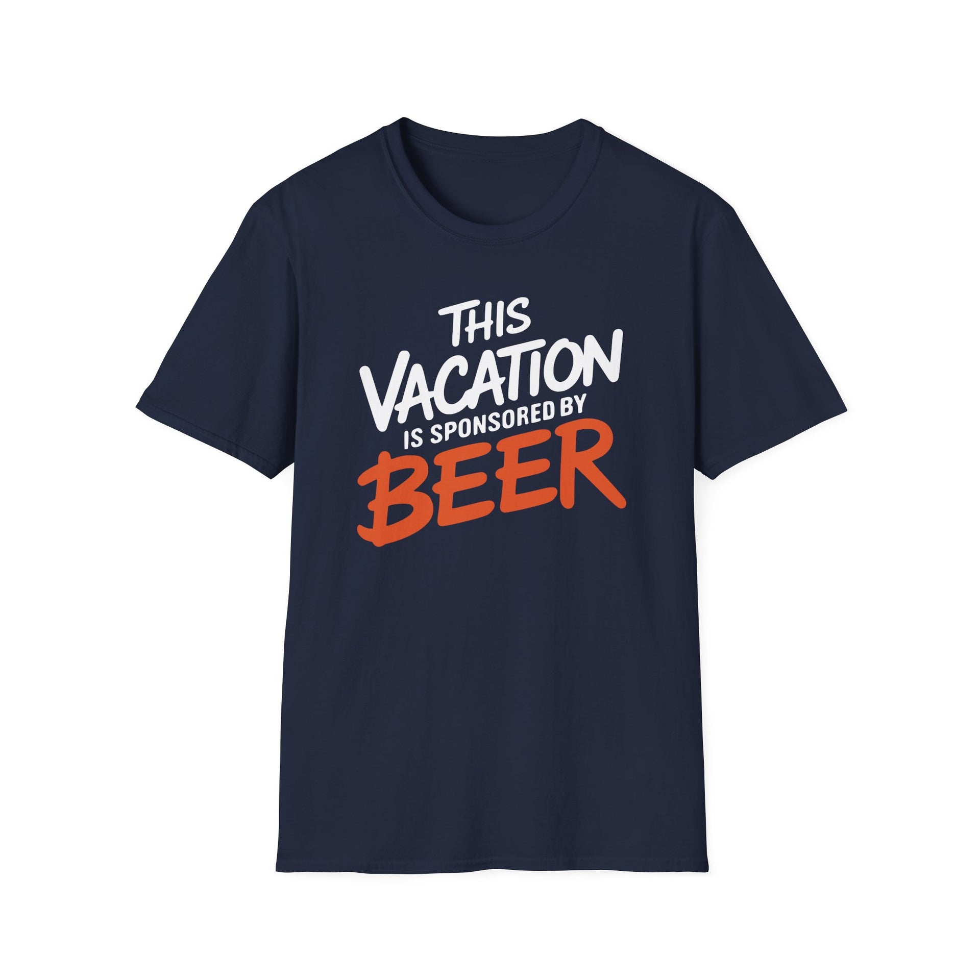 a navy soft-style cotton t-shirt with 'This Vacation is Sponsored by Beer' text funny spring break, beach trip, girls trip, summer vacation design