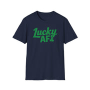 Navy t-shirt with the phrase 'Lucky AF' funny st patricks day design