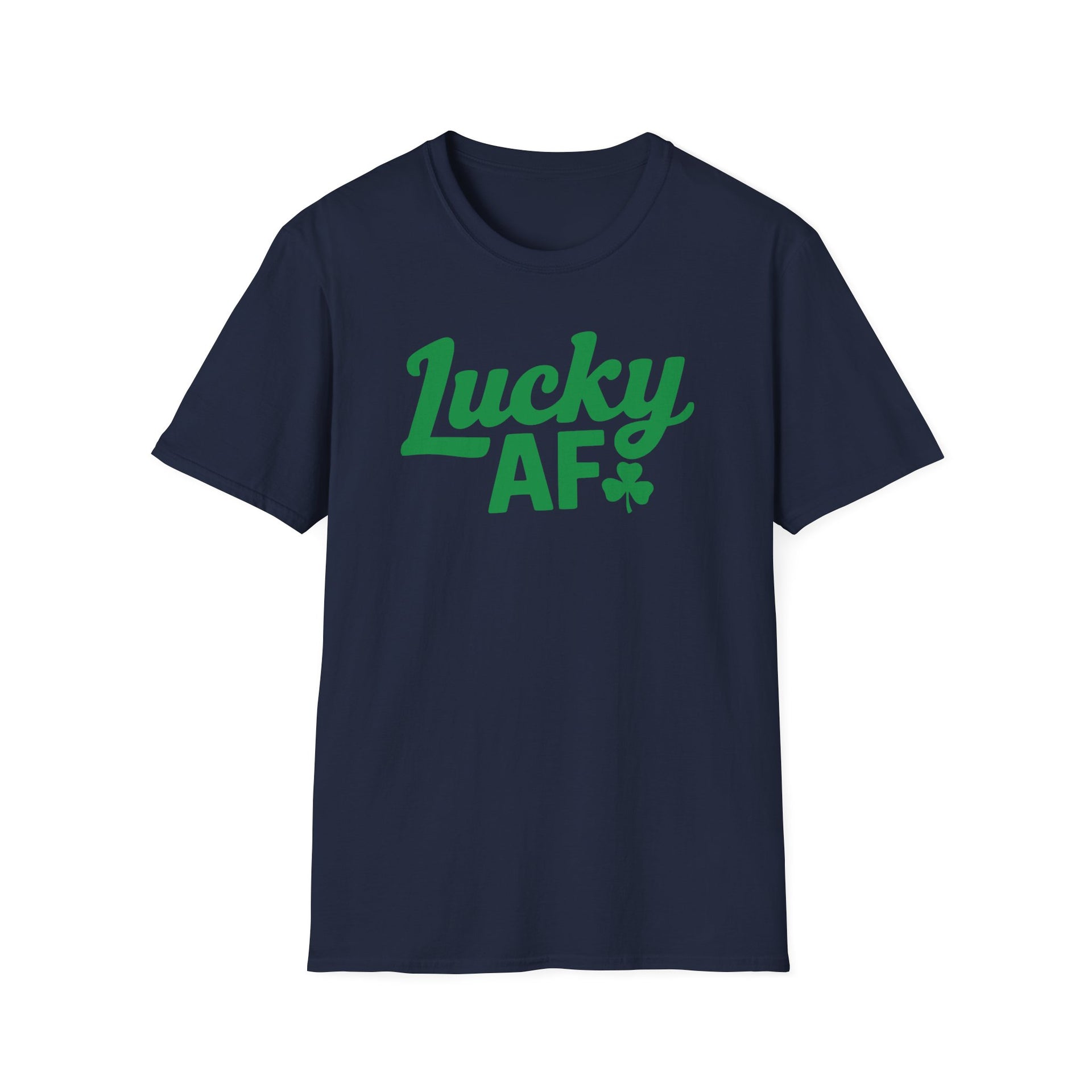 Navy t-shirt with the phrase 'Lucky AF' funny st patricks day design