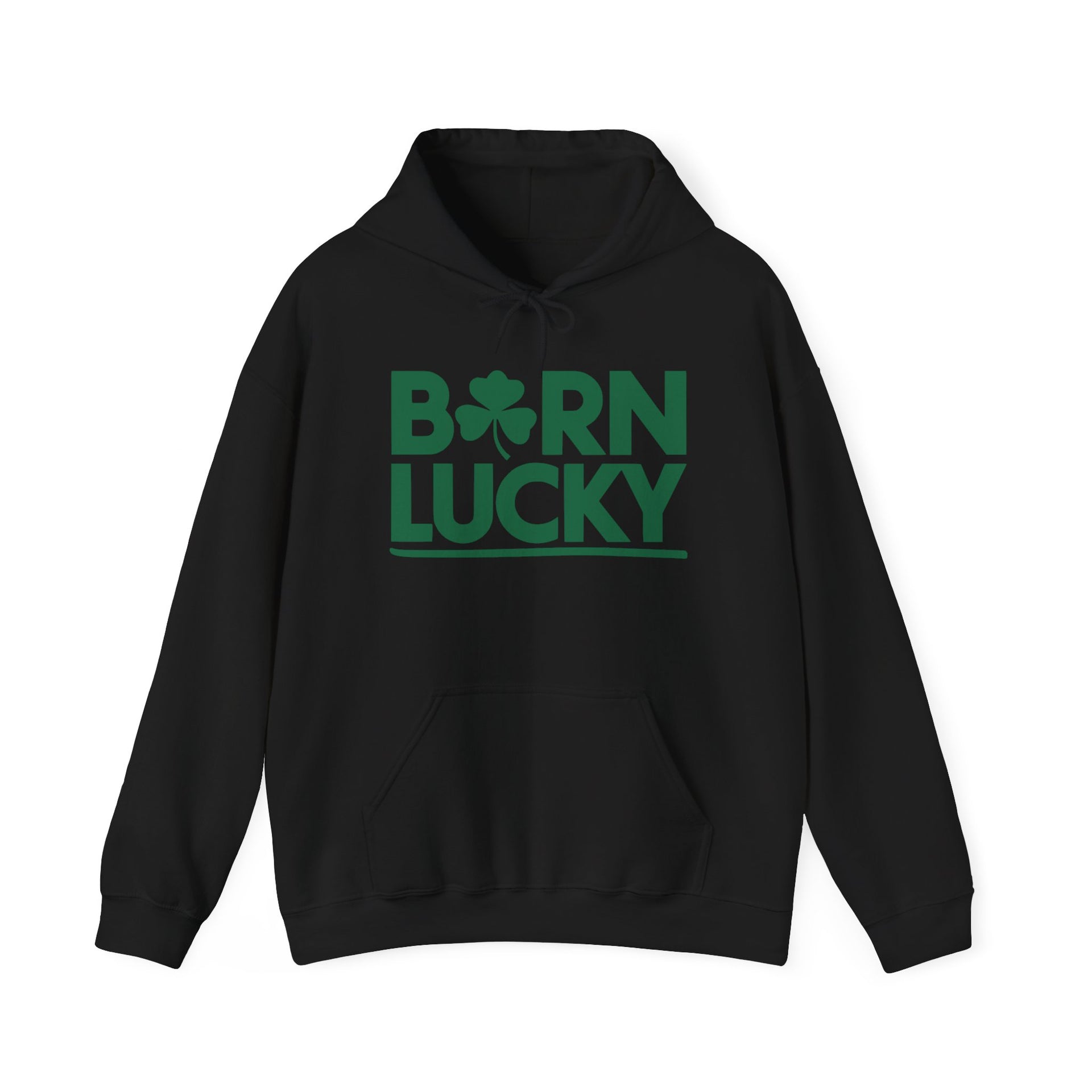 black hoodie with 'Born Lucky' text funny st patricks day design