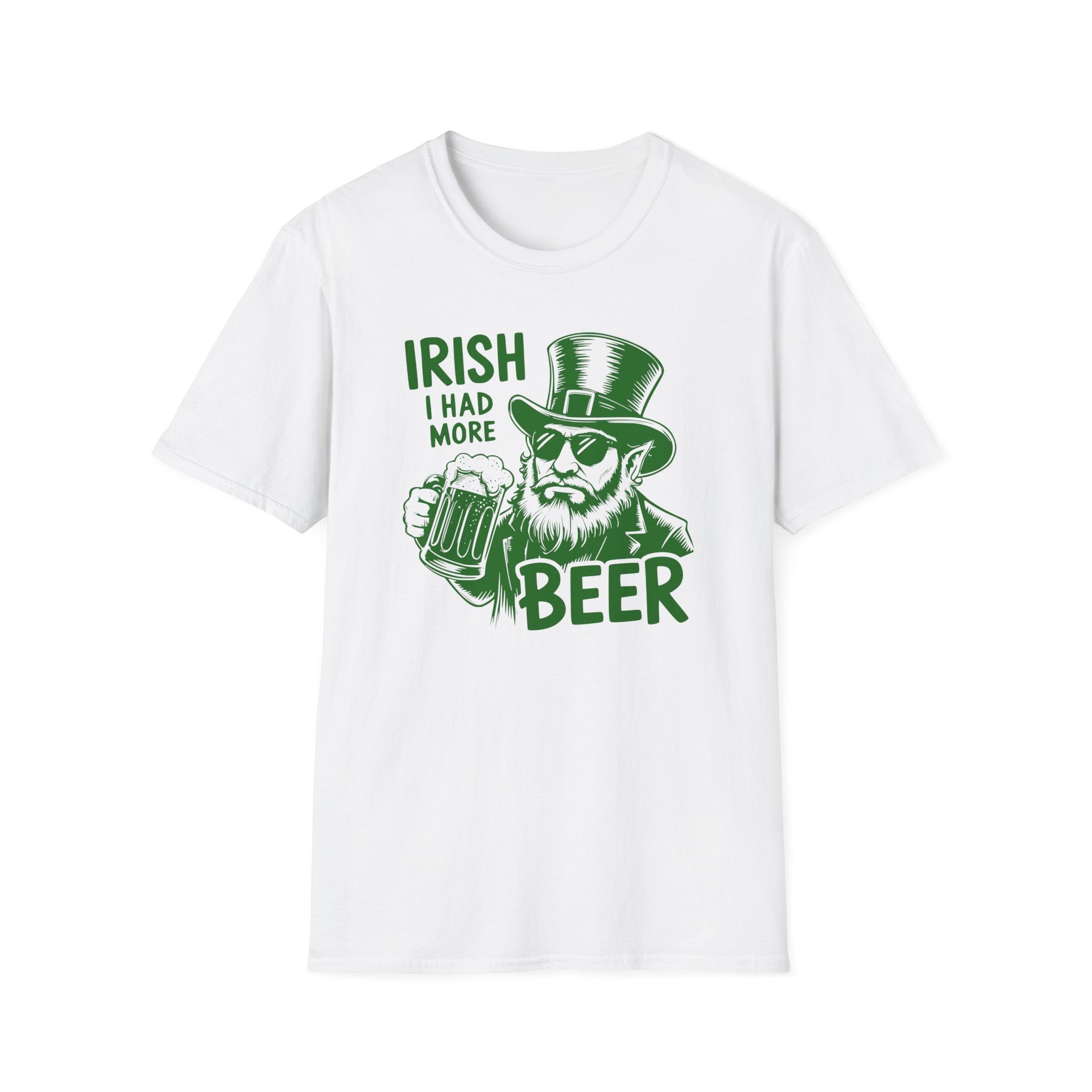 a white t-shirt with 'Irish I had more beer' graphic design funny St Patricks Day pub crawl and parade design