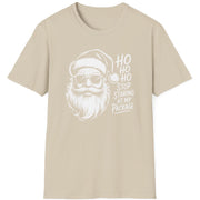 Funny Christmas Drinking  Short Sleeve Shirt with Santa drinking a cocktail and the text " Ho Ho Ho Stop Staring at my Package" - Sand