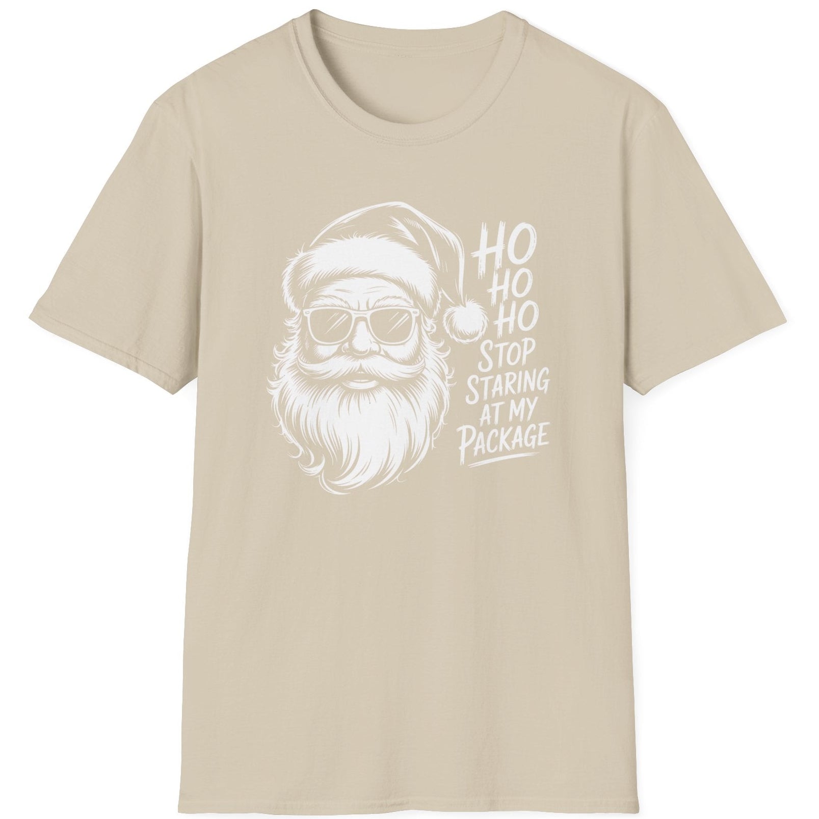 Funny Christmas Drinking  Short Sleeve Shirt with Santa drinking a cocktail and the text " Ho Ho Ho Stop Staring at my Package" - Sand